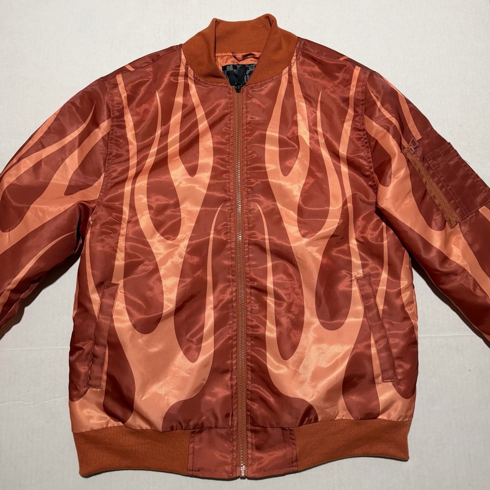 rebel‎ vengeance orange flames bomber jacket, full zip, men's small, nwt #1500